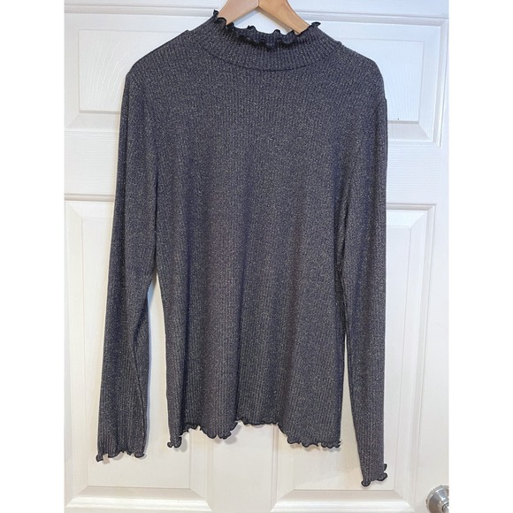 Ann Taylor Ribbed Knit Navy Blue Long Sleeve Lettuce Hem Metallic Sparkle Top XL - Picture 1 of 6